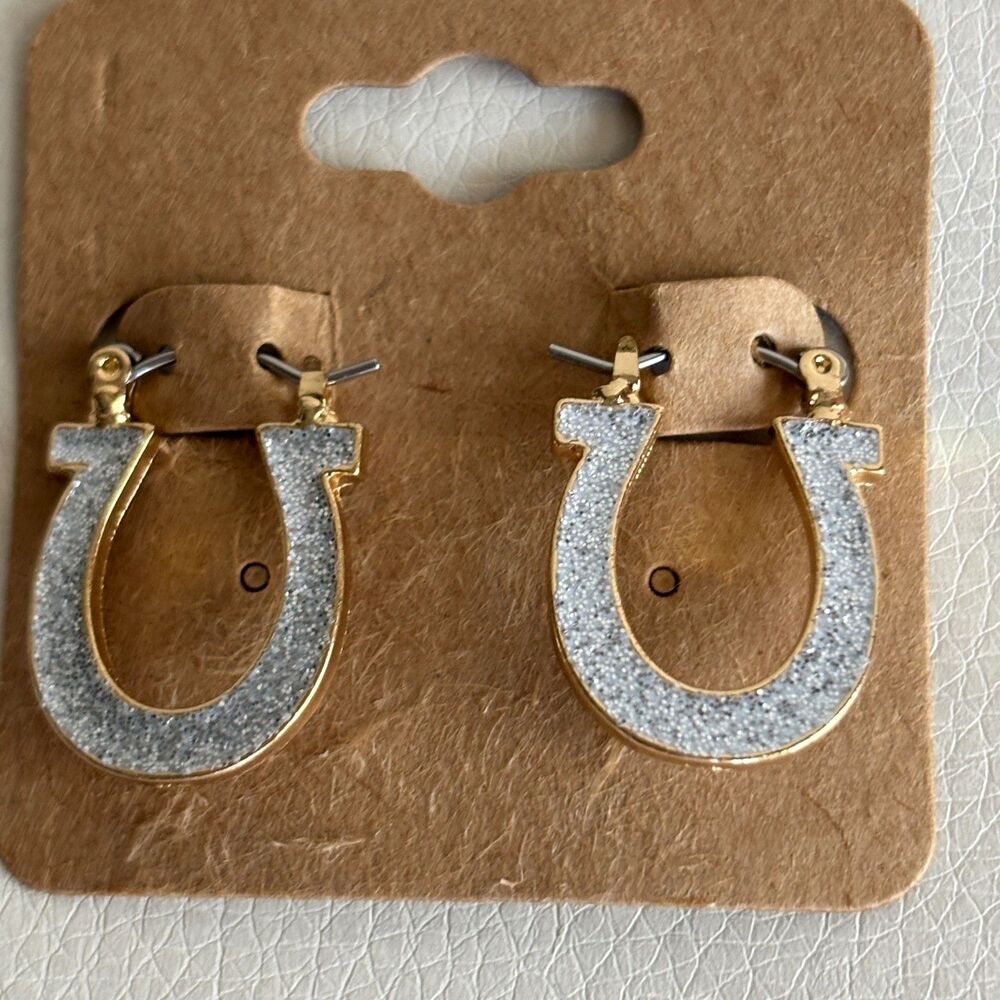 Gold Tone Horseshoe Earrings Silver Glitter Western Cowgirl Lucky Dangle